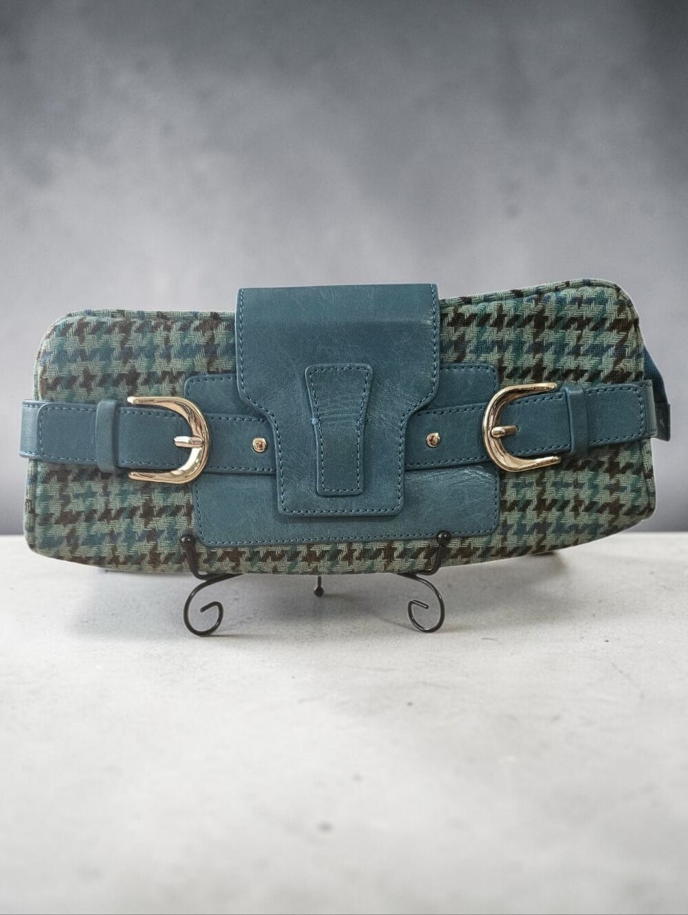 Banana Republic Y2K Houndstooth Wool Leather Teal Clutch Bag